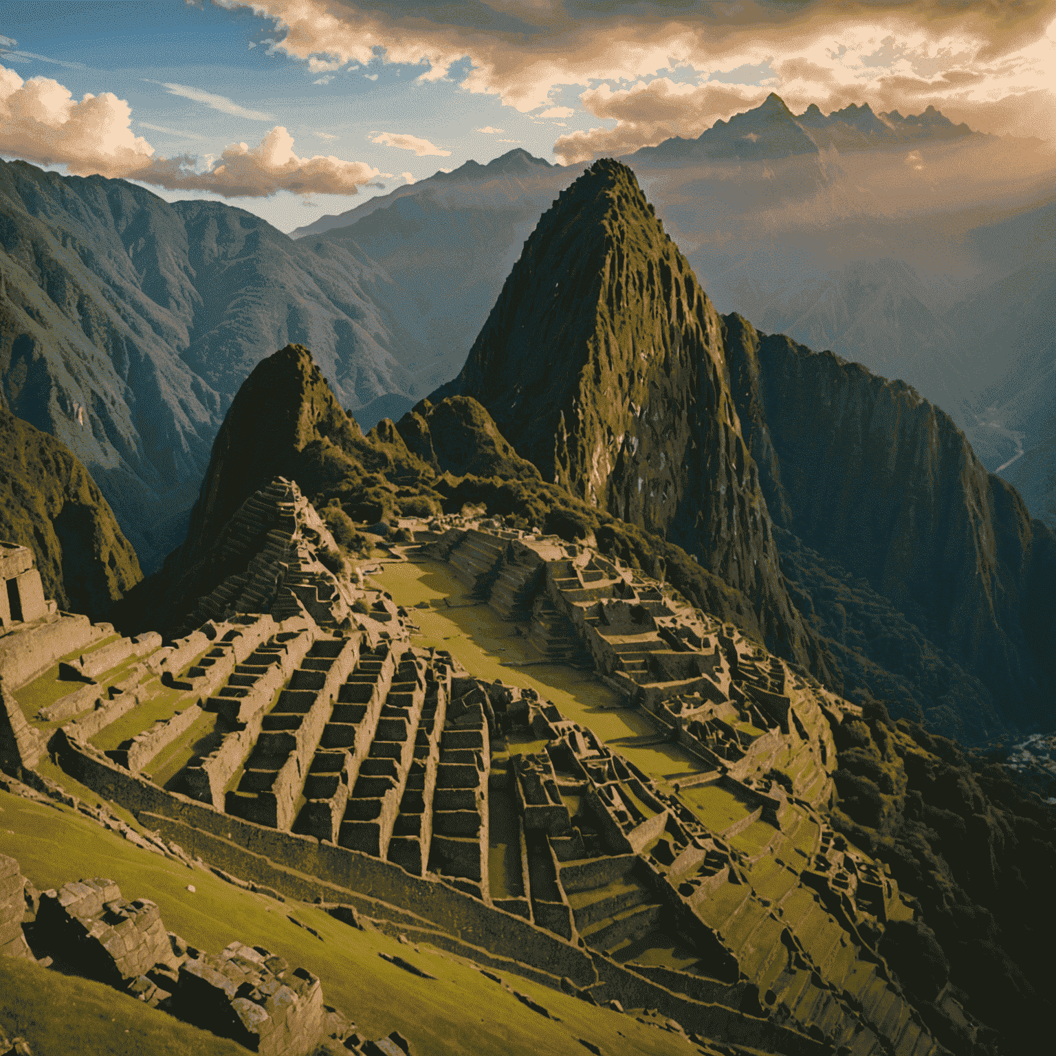 Panoramiczny widok na Machu Picchu o wschodzie słońca, z mgłą unoszącą się nad starożytnymi ruinami inkaskimi i majestatycznymi górami Andów w tle