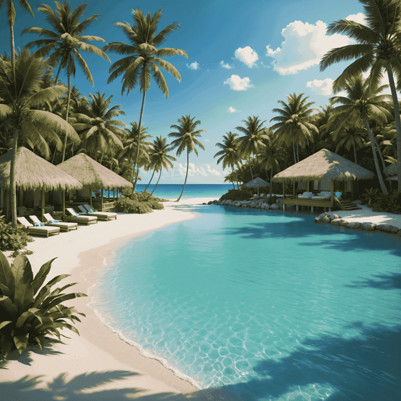 Luksusowy resort na tropikalnej plaży z turkusową wodą i palmami