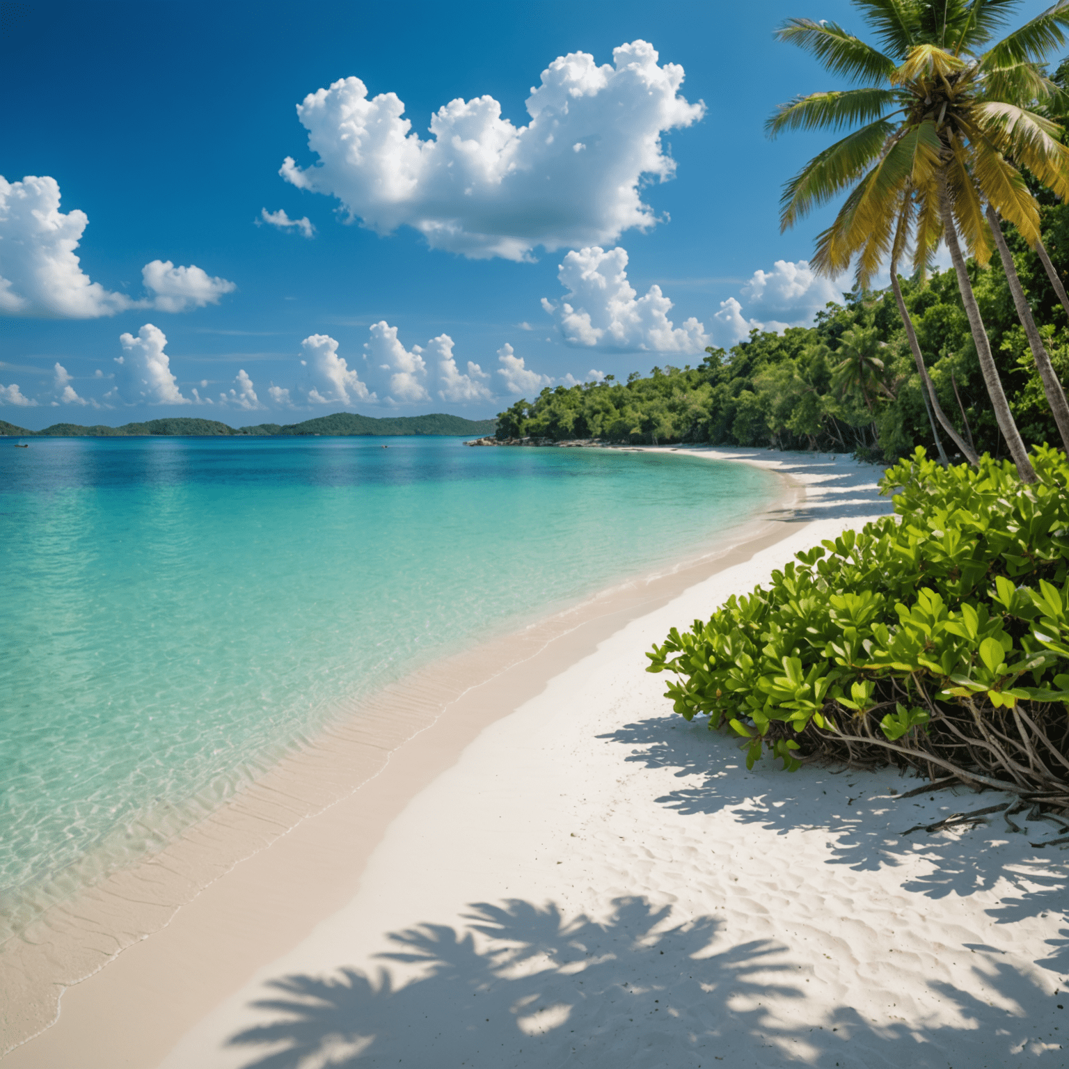 Biała, piaszczysta plaża na wyspie Koh Rong z krystalicznie czystą wodą i bujną roślinnością w tle
