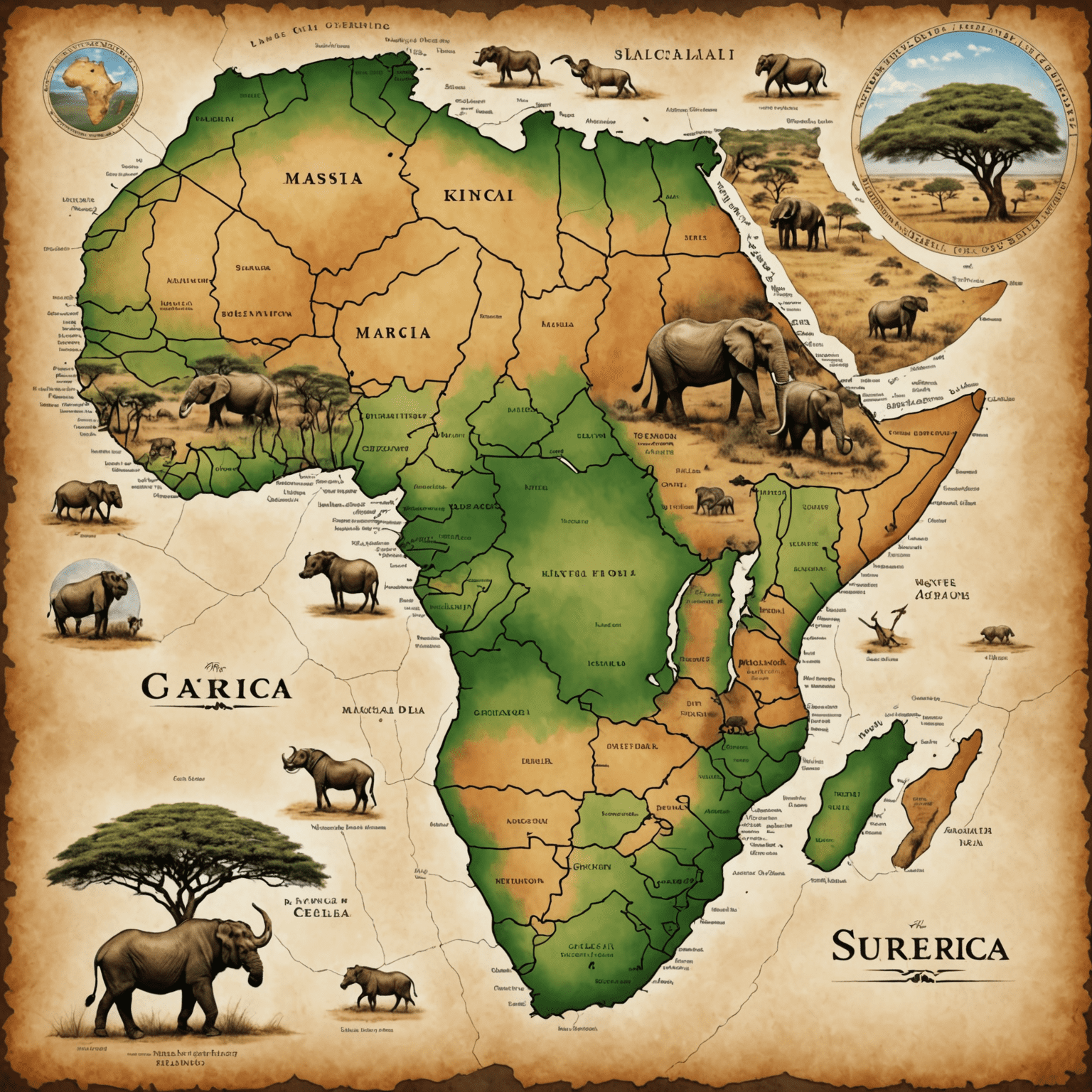 Mapa Afryki z zaznaczonymi popularnymi destynacjami safari: Serengeti, Masai Mara, Kruger National Park i Okavango Delta