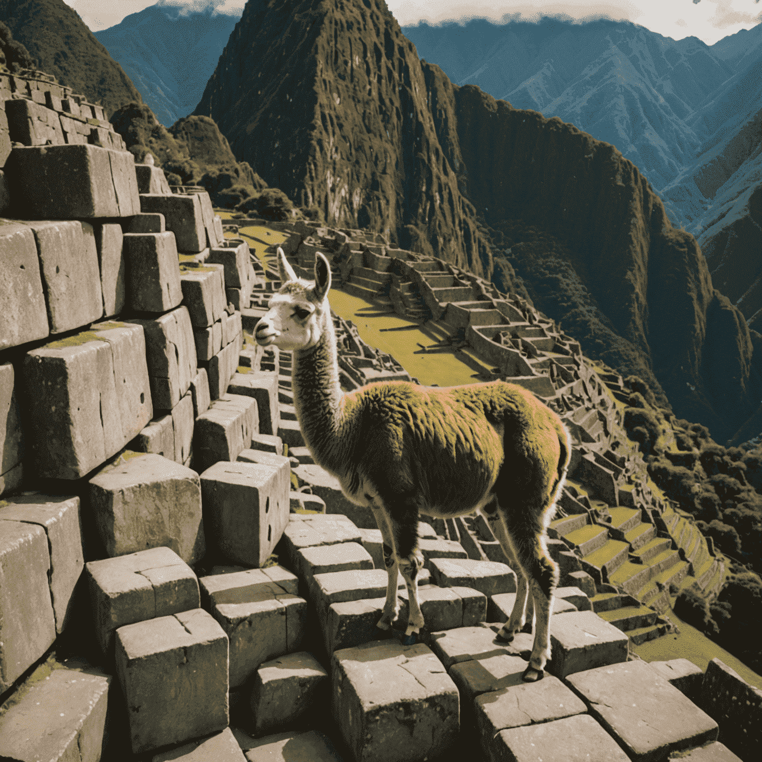 Zbliżenie na precyzyjnie dopasowane kamienne bloki tworzące mury Machu Picchu, z llamą pasącą się na tarasie w tle