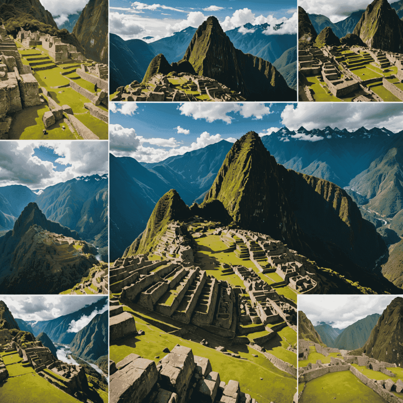 Kolaż zdjęć przedstawiających Machu Picchu, lodowce Patagonii i amazońską dżunglę
