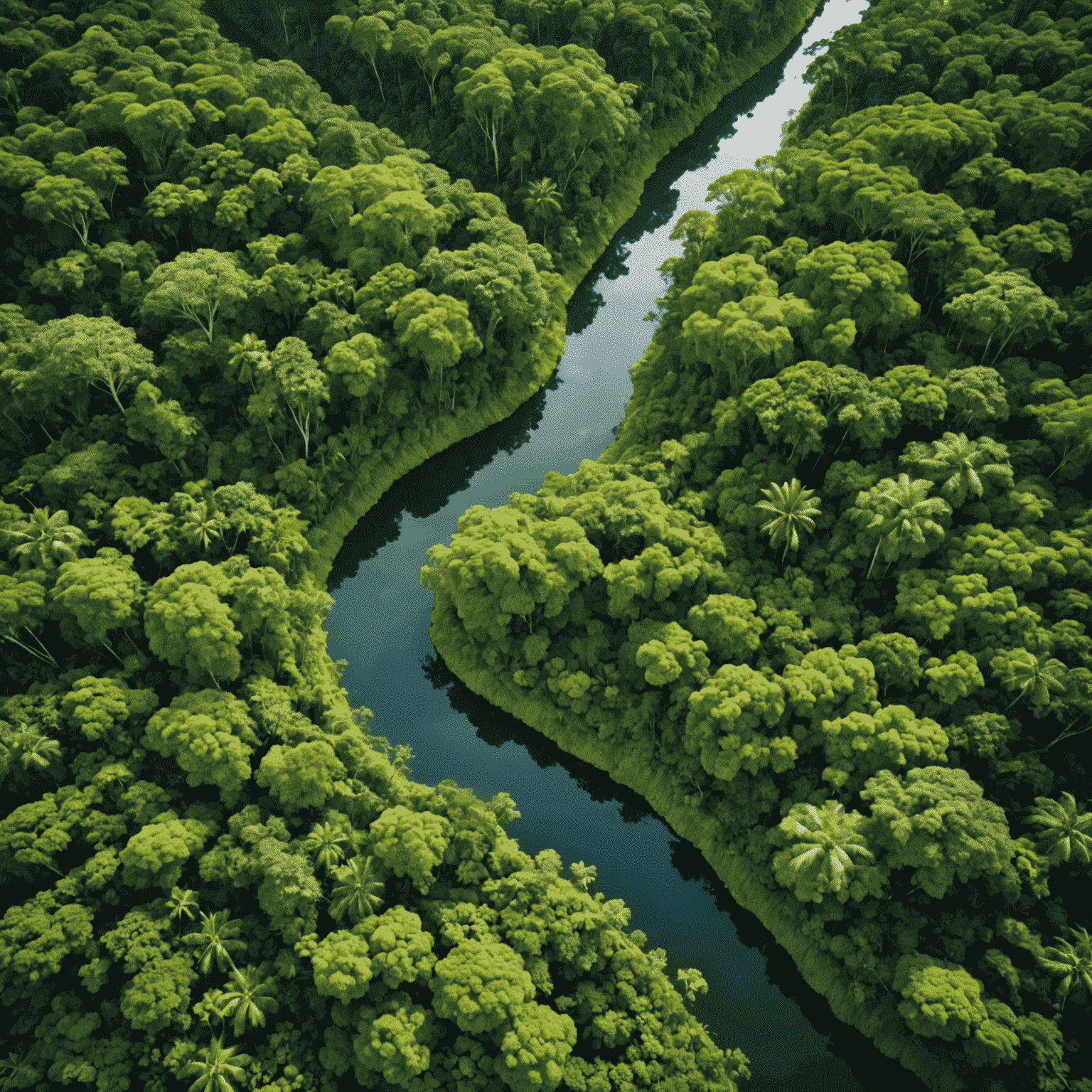 Gęsty, zielony baldachim lasów Amazonii widziany z lotu ptaka, z wijącą się rzeką przecinającą krajobraz