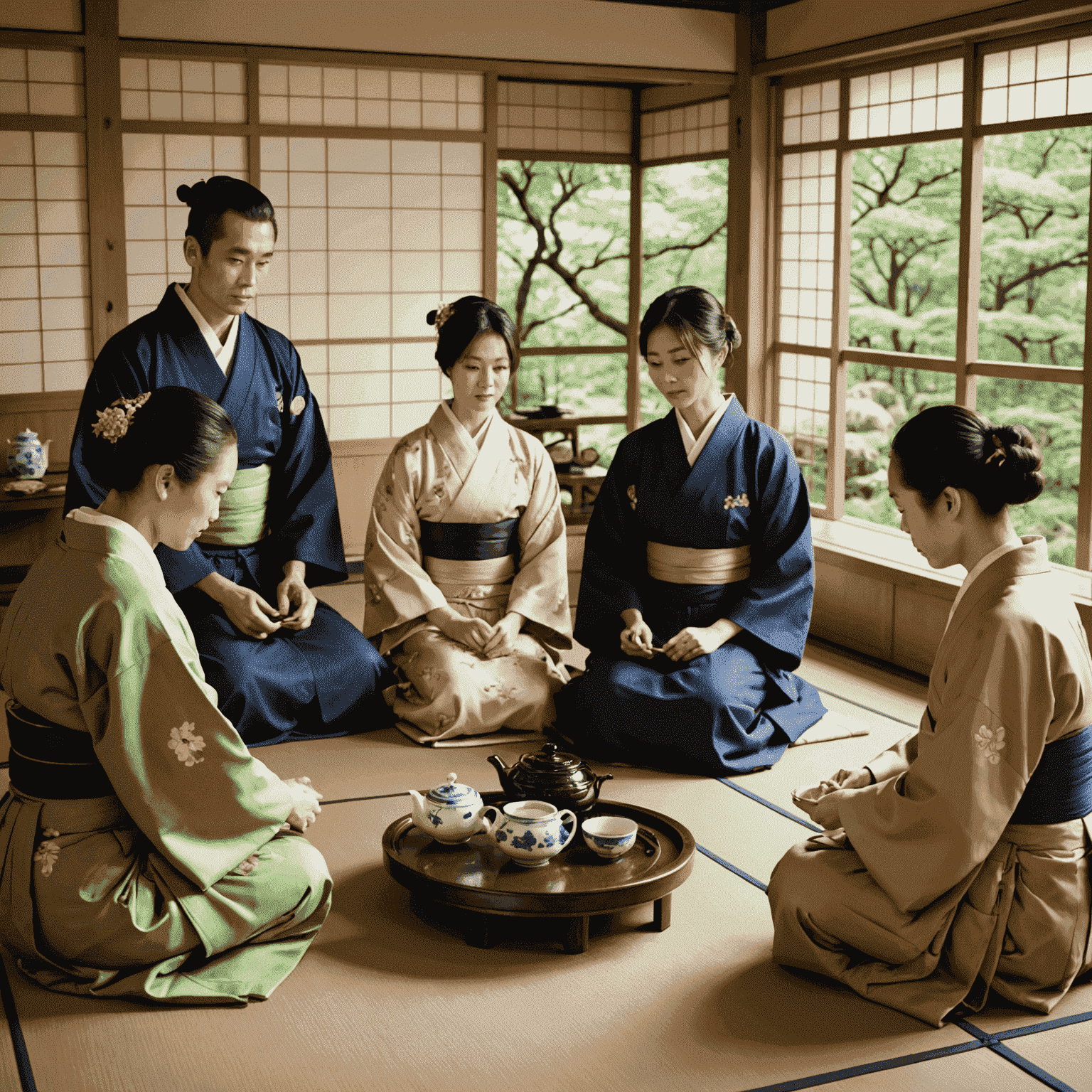 Grupa podróżników uczestnicząca w tradycyjnej ceremonii herbacianej w Japonii