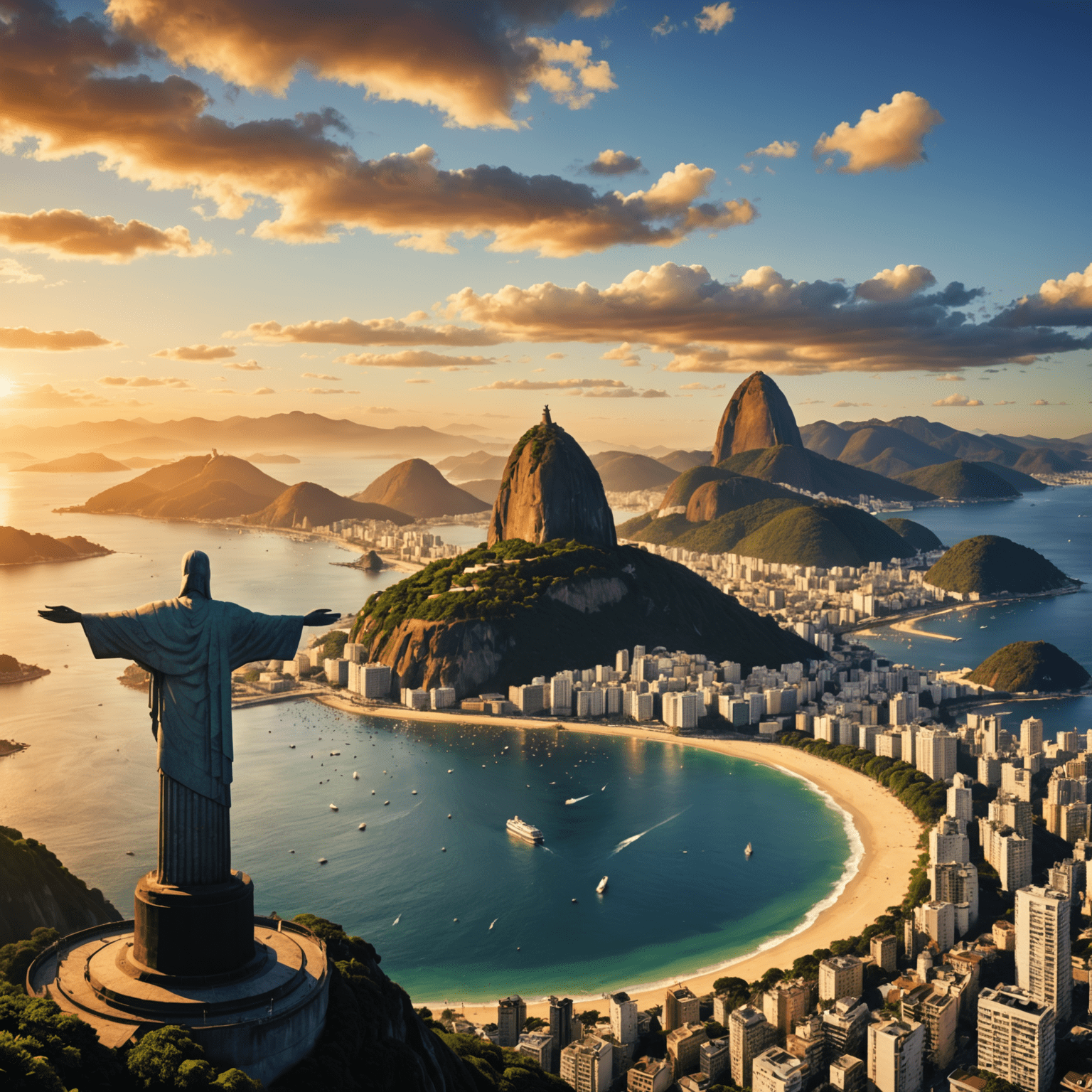 Panorama Rio de Janeiro o zachodzie słońca, z widokiem na plażę Copacabana, górę Corcovado z posągiem Chrystusa Odkupiciela i Głowę Cukru