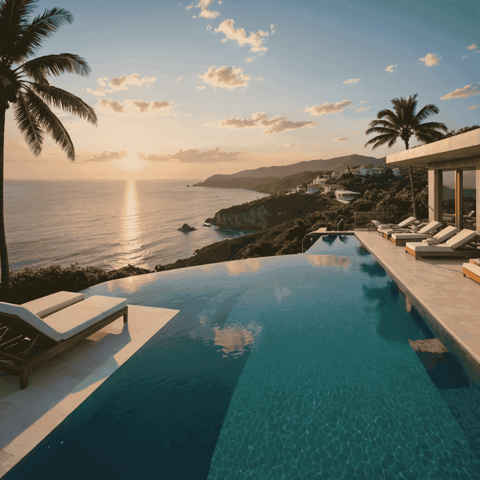 Luksusowy resort z basenem infinity z widokiem na ocean o zachodzie słońca