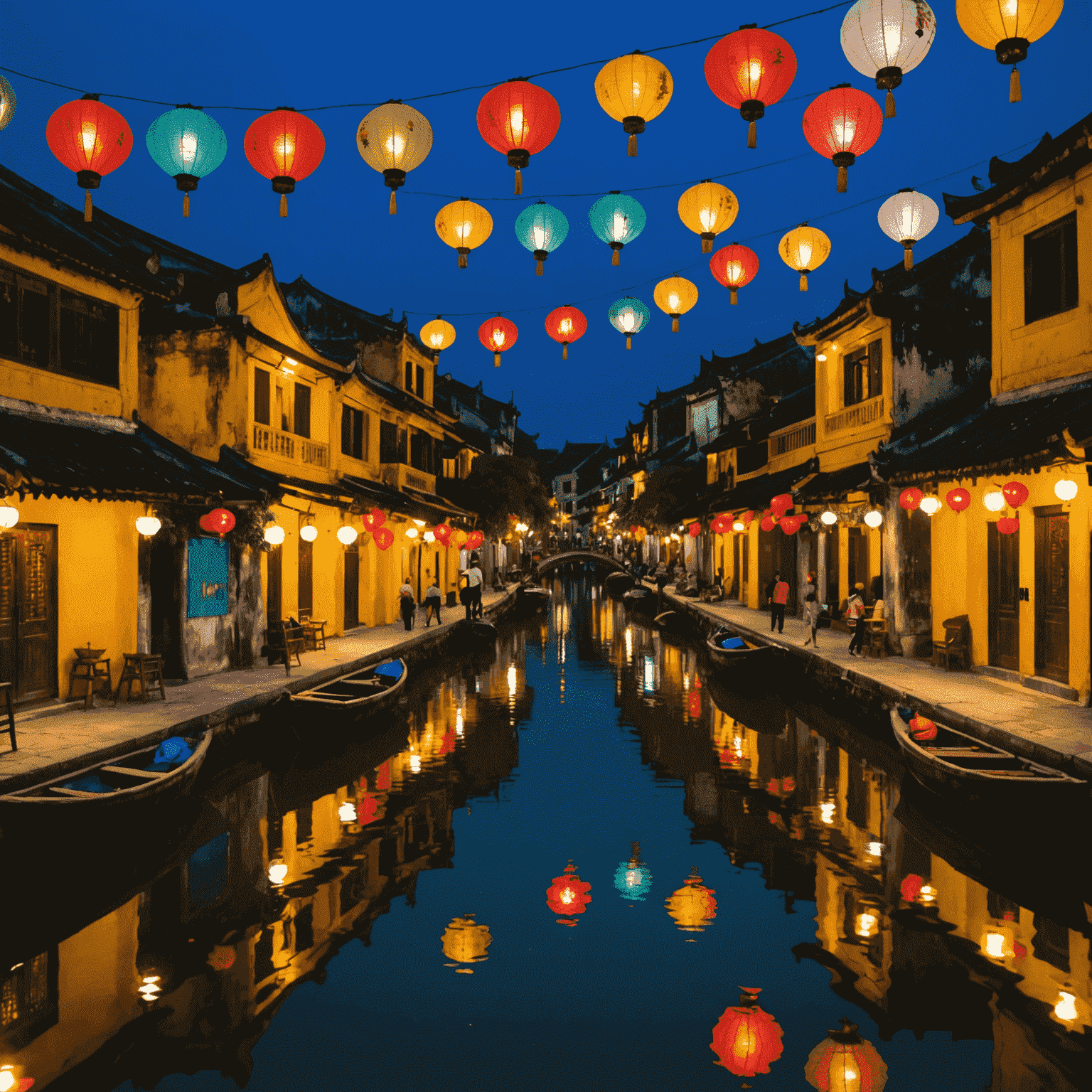 Nocny widok na stare miasto Hoi An z kolorowymi lampionami odbijającymi się w rzece Thu Bon
