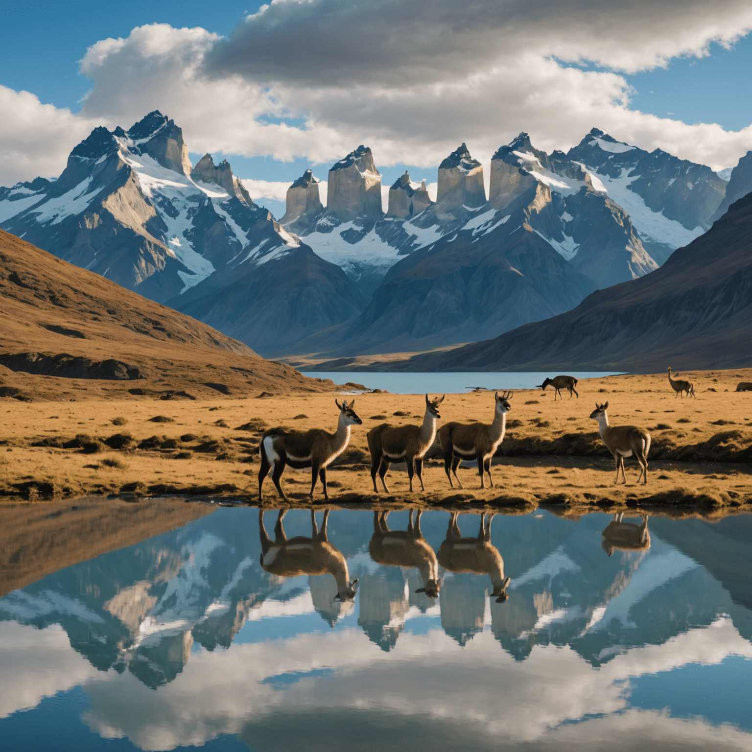 Majestatyczne, ośnieżone szczyty Torres del Paine odbijające się w spokojnym jeziorze, z pasącymi się guanakami na pierwszym planie