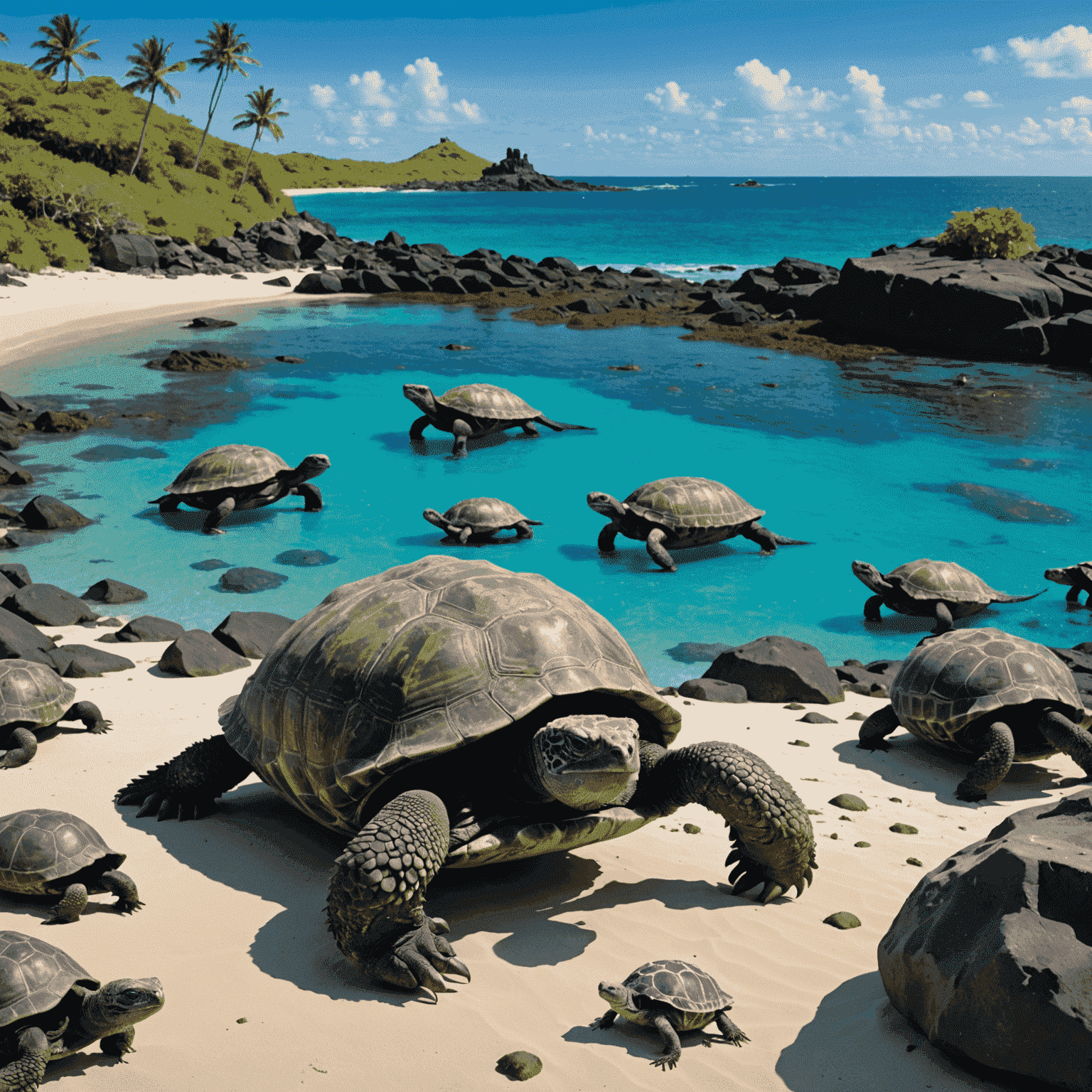 Błękitne wody otaczające wyspy Galapagos, z żółwiami olbrzymimi na plaży i morskimi iguanami wygrzewającymi się na skałach